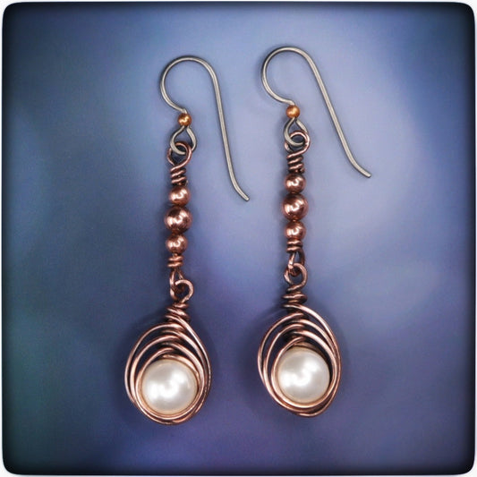 Woven Copper Pearl Dangle Earrings