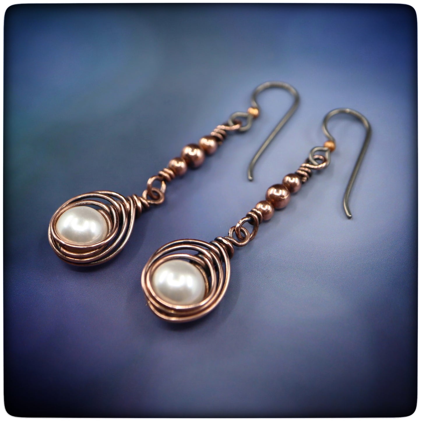 Woven Copper Pearl Dangle Earrings