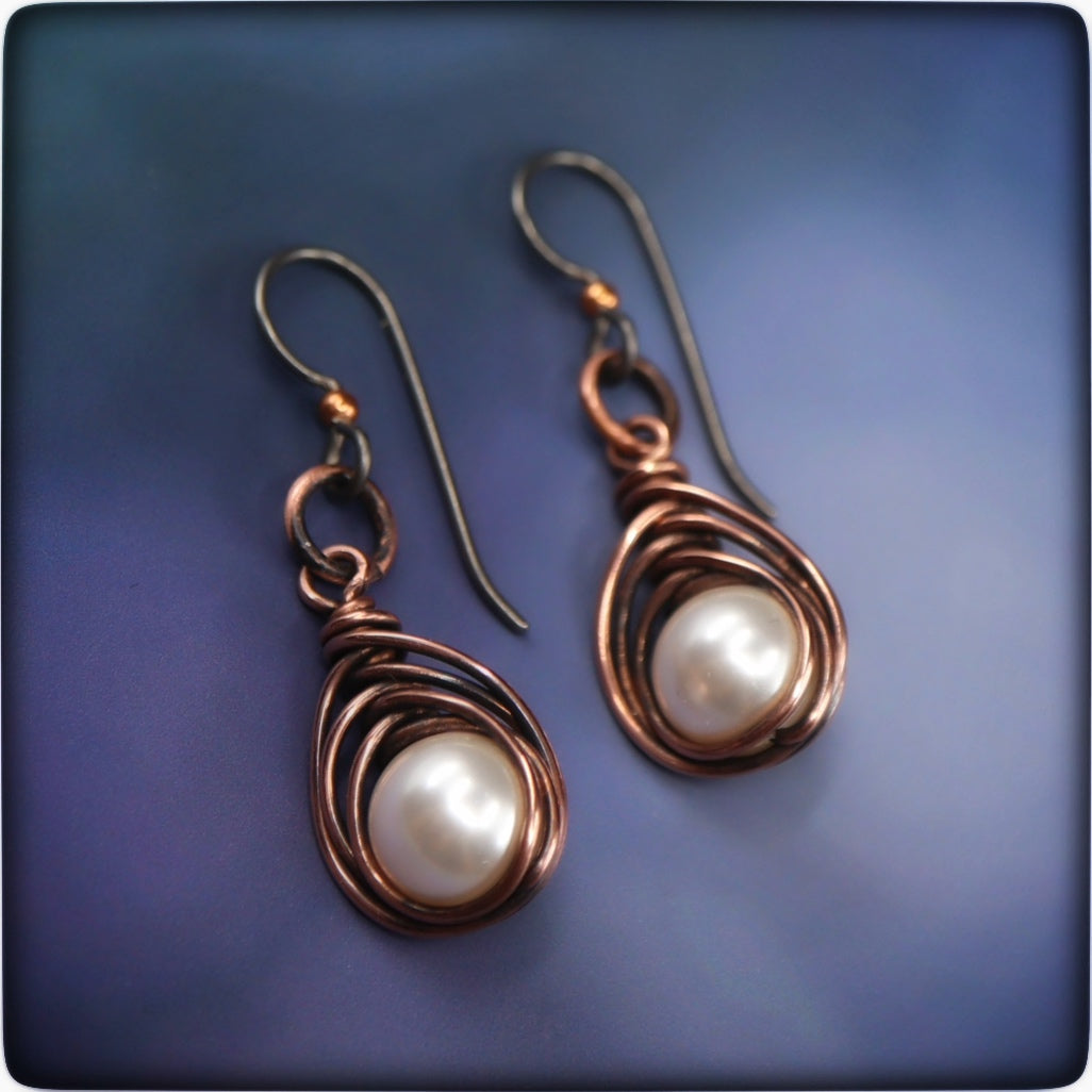 Woven Copper Pearl Earrings