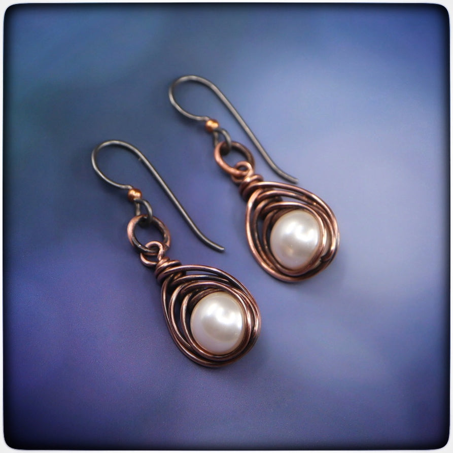 Woven Copper Pearl Earrings